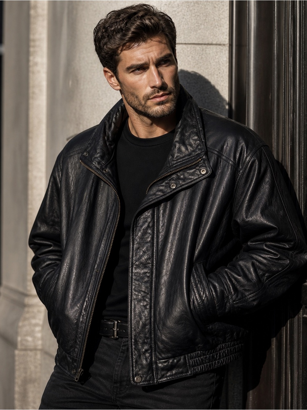 Members Only 90's Mens Black Genuine Leather Bomber Jacket Vintage Size Large